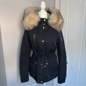 Topshop Navy Blue Utility Jacket with Cream Faux Fur Hood size US4